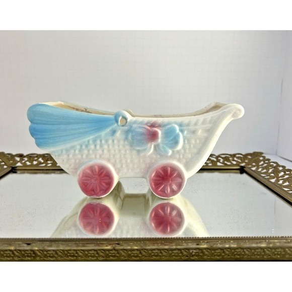 Other - Planter Baby Buggy Pink Blue Nursery Vase Mid Century Style Ceramic Vintage